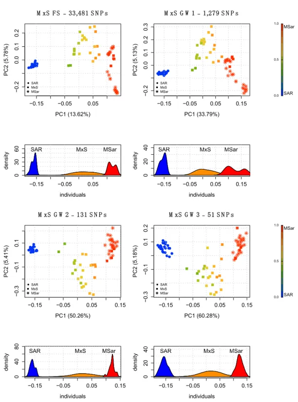 Figure 3. PCA and density distribution of the PC1 obtained using the full SNP set (top-left panel) and  three AIMs on reference populations and real mouflon x domestic hybrids (MxS) using the  genome-wide discovery approach