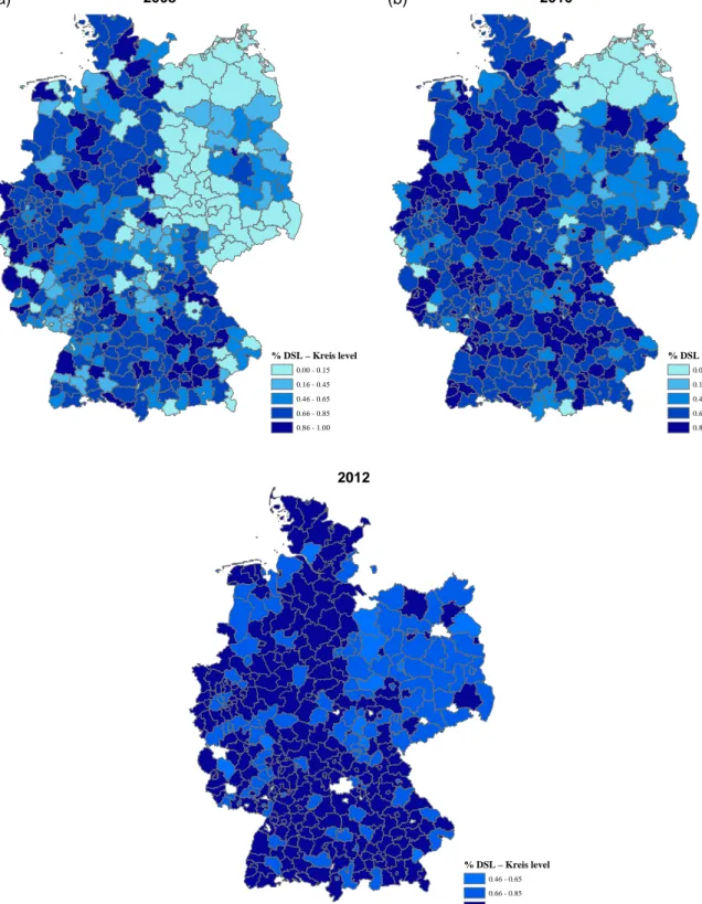 Figure 3 Proportion of SOEP households with DSL access by county (Kreis): Germany 2008, 2010, and 2012 Notes: Darker areas correspond to higher levels of DSL access in the corresponding county (Kreis).