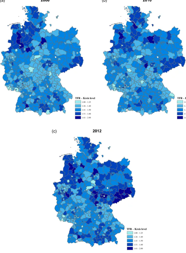 Figure 4 Total fertility by county (Kreis): Germany 2008, 2010, and 2012