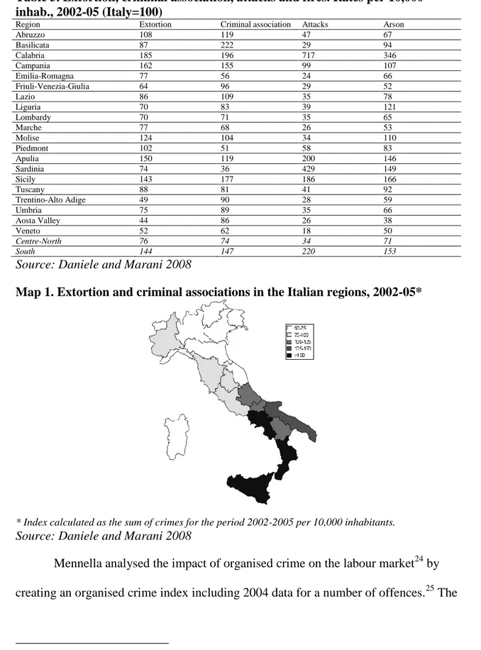 Table 5. Extortion, criminal association, attacks and fires. Rates per 10,000  inhab., 2002-05 (Italy=100) 