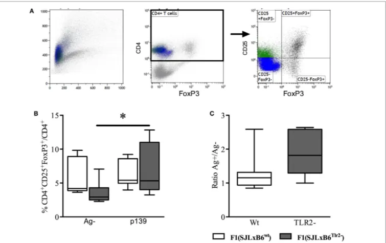 FigUre 3 | Tlr2 genotype regulates Treg levels. Ten F1 (SJL  × B6 wt ) (open bars and symbols) and nine F1 (SJL  × B6 Tlr2 − ) (closed bars and symbols) mice from  three distinct experiments were immunized s.c
