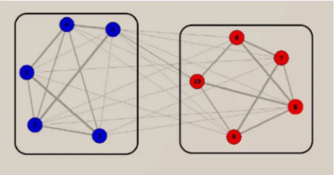 Fig. 1 A weighted undirected network with 10 nodes and 32 edges. Edges weights have been randomly sampled with replacement from integers between 1 and 6