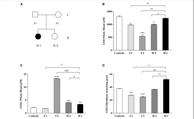 FIGURE 1 | Glutathione homeostasis in Friedreich’s ataxia (FRDA) family’s members. (A) Family tree: father (I-1), mother (I-2), younger sister (II-2), and affected proband (II-1) indicated by a black symbol