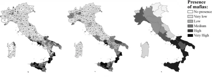 Figure 1. Mafia Presence Index at the municipal, provincial and regional levels (2000-2011)