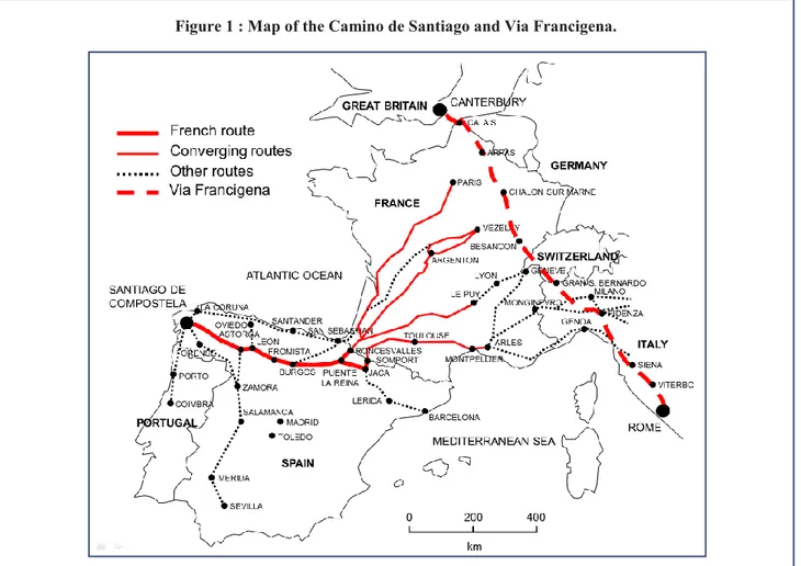 Figure 1 : Map of the Camino de Santiago and Via Francigena. 