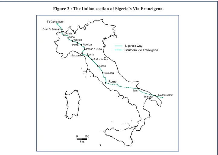 Figure 2 : The Italian section of Sigeric’s Via Francigena. 
