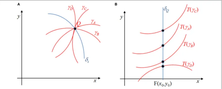 FIGURE 2 | Arcs crossing the focal point with different slopes (A) are mapped into arcs crossing the prefocal set in different points (B).