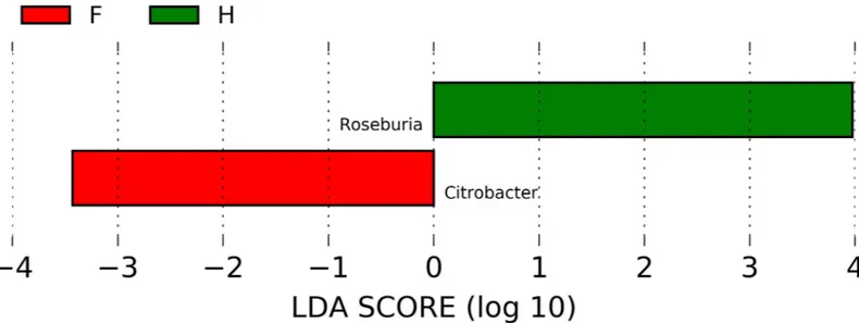 Fig 3. Graphical results obtained with logarithmic linear discriminant analysis (LDA) score higher than 2 determined by effect size (LefSe)