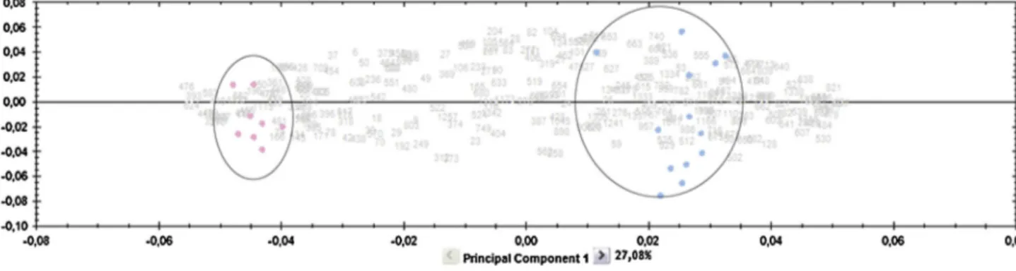 Fig. 4 – Biplot of the ﬁrst two components of the principal component analysis of HCs and ES CD