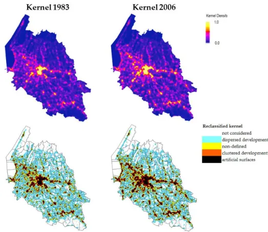 Figure 9. Province of Verona: Kernel density maps and maps of reclassified Kernel values