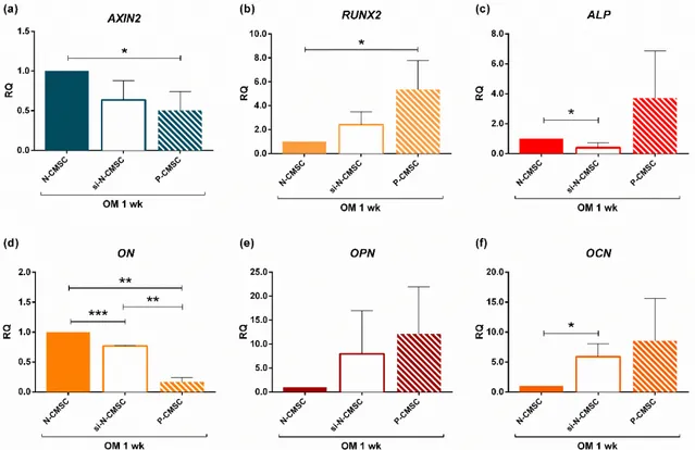 Figure 10. AXIN2 knockdown results. Expression analysis of: (a) AXIN2; (b) RUNX2; (c) ALP; (d) ON; 