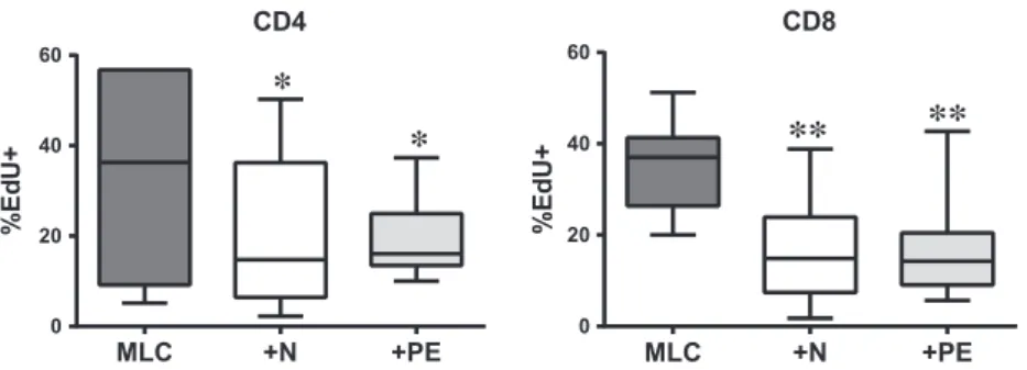 Fig. 2 Effects of N-hAMSC and PE-hAMSC on the proliferation of CD4 and CD8. T cells were stimulated with allogeneic PBMC in mixed lymphocyte culture in the absence (MLC, ) or presence of N-hAMSC (+N, h) and PE-hAMSC (+PE, )