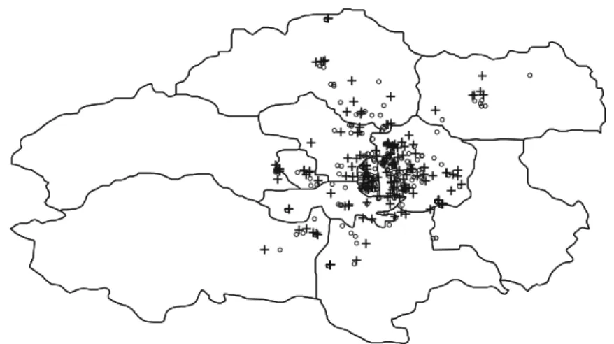 Fig. 3 Map of the central districts of Beijing (Changping, Chaoyang, Daxing, Dongcheng, Fangshan, Fengtai, Haidian, Mentougou, Shijingshan, Shunyi, Tongzhou, Xicheng) and location of houses considered in the model