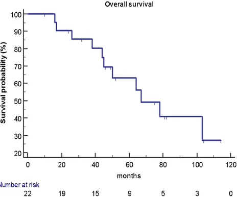Figure 1. OS in the study population (n = 22): median OS was 67 months (95% CI 45–103)