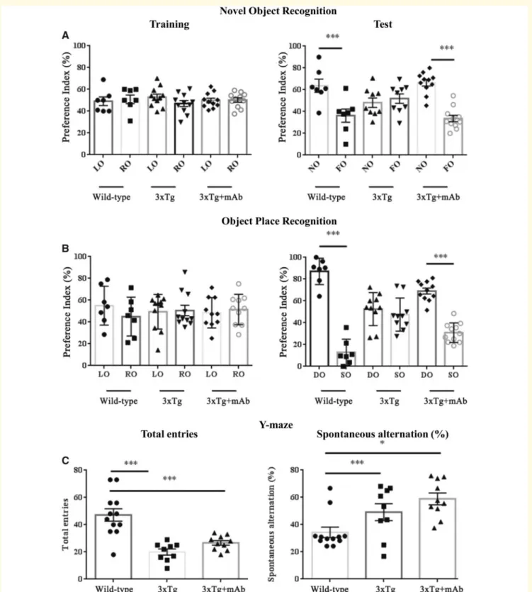Figure 5 Improved cognition in Tg-Alzheimer’s disease (3xTg) mice immunized with 12A12mAb
