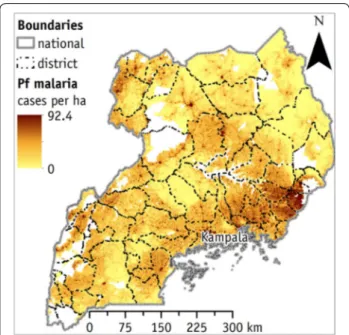 Fig. 3  Cases of falciparum malaria covered by mobile network coverage in Uganda. Figure on the left represents falciparum malaria cases covered  by the 2G cellular base station network