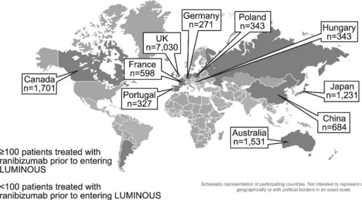 Fig 2. Country-specific enrollment of prior ranibizumab-treated patients with nAMD. Pop-out boxes only displayed for top 10 countries with nAMD patients treated with ranibizumab prior to entering LUMINOUS