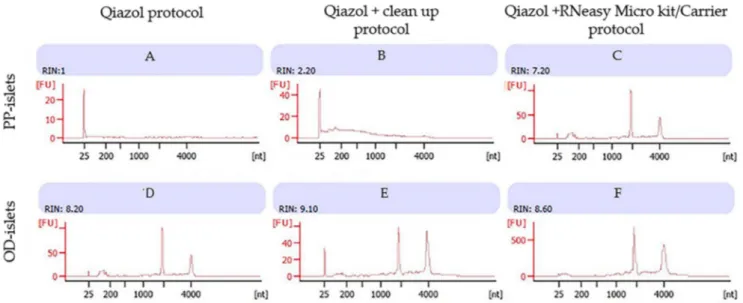 Figure 2. Non-diabetic subjects (one PP sample and one OD sample): Bioanalyzer evaluation of RNA purity obtained by three different protocols: images A and D using Qiazol protocol; images B and E using Qiazol + Clean-up protocol;