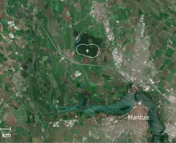Figure 1. Satellite picture (imagery © 2015 Cnes/Spot Image, DigitalGlobe, European Space Imaging, Landsat, map data © 2015 Google) of the Bosco Fontana national park and the surroundings.
