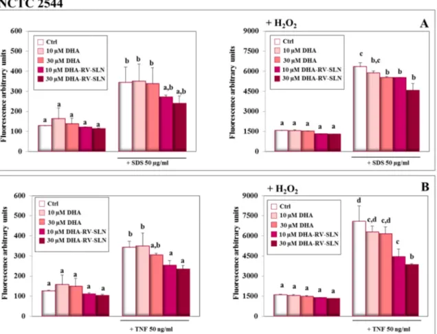 Figure 6. Effect of free DHA and DHA-RV-SLNs on ROS production in NCTC 2544 keratinocytes  treated with SDS or TNF-α