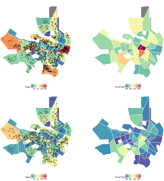 Figure 2. Number of sales (left panels) and average price (right panels) by urban polygons in 2007 (top panels) and 2012 (bottom panels)