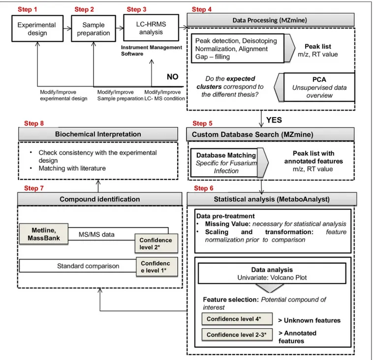 FIGURE 2 | Proposed workflow for LC-HRMS metabolomics studies.