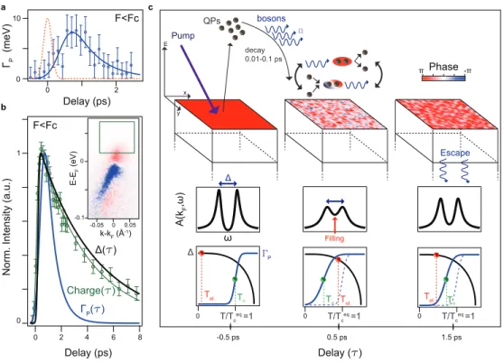 FIG. 3. Role of phase fluctuations in the transient collapse of the condensate. a Γ p dynamics for F &lt; F C (blue circles, error bars defined in Fig