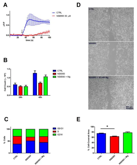 Figure 5. Contribution of TRPM6/7 channels to Mg 2+  influx and cell proliferation. NS8593 was used  at 30 μM