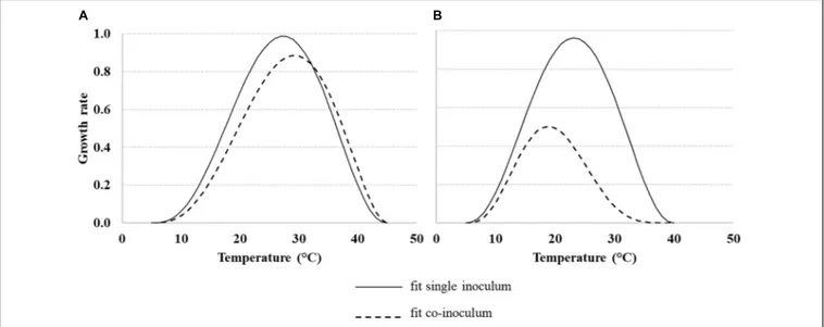 FIGURE 4 | Dynamic of the growth rate of Aspergillus flavus (Af) (A) and Fusarium verticillioides (Fv) (B), under different temperature regimes (10–40 ◦ C), grown alone or together