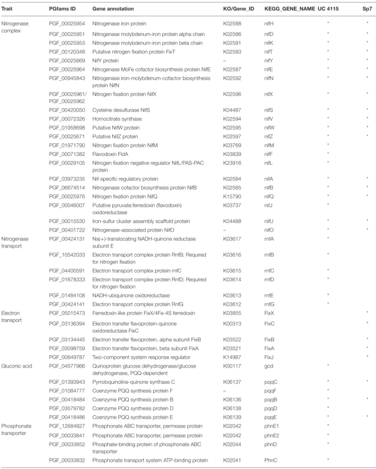 TABLE 3 | Genes annotation of K. variicola UC4115 and A. brasilense Sp7 genomes related to nitrogen fixation, phosphate solubilization, IAA production, siderophores synthesis, and biocontrol activity.