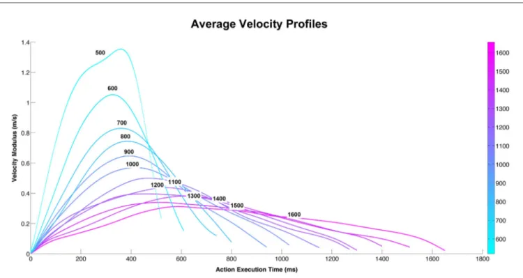 FIGURE 1 | The graph depicts the average velocity profiles of the action performed by the male actor during 12 different execution times