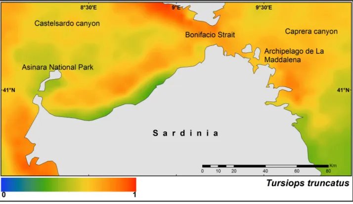 Fig 5 shows the median posterior probability occurrence of the marine traffic in northern Sardinia and highlights two main hot-spots