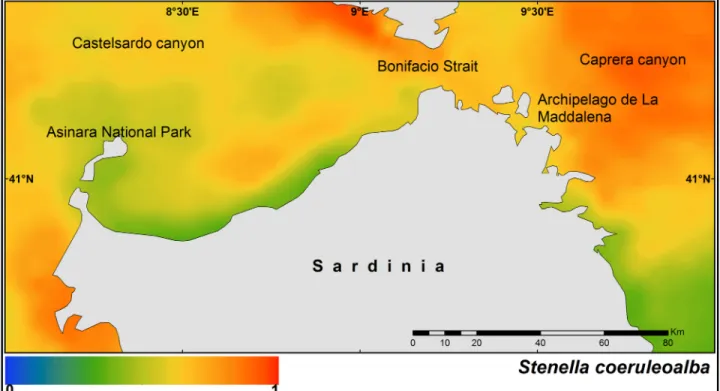 Fig 3. Median of the posterior probability of the presence of the stripped dolphin (Stenella coeruleoalba).