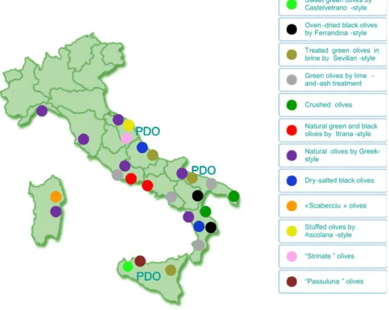 Figure   1.  Distribution   of   table   olives   production   in   Italy.   PDO:   Protected  Designation of Origin (Lanza, 2012)