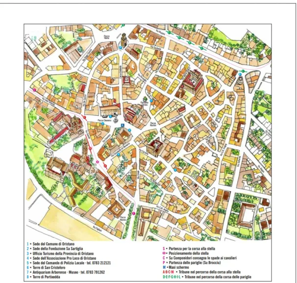 Figura 2. Luoghi e percorsi della Sartiglia nella Città di Oristano (modificato da  opuscolo informativo, Fondazione Sa Sartiglia, 2014)