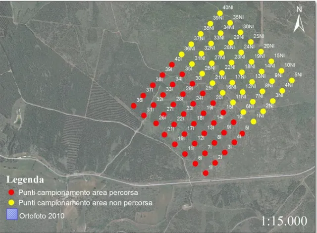 Figura 3.2: Punti campionamento area percorsa &#34;Bida Beccia&#34; Isili/Laconi/Nurallao, 2013.