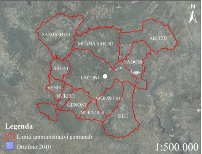 Figura 3.1.1.1: Localizzazione geografica area di studio Comune di Laconi, scala 1:500.000.