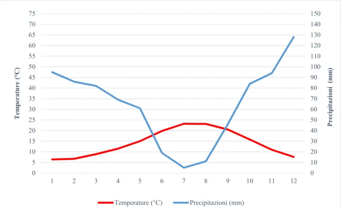Figura 3.1.2.1: Climatogramma Walter e Lieth, stazione Sarcidano (699 m).