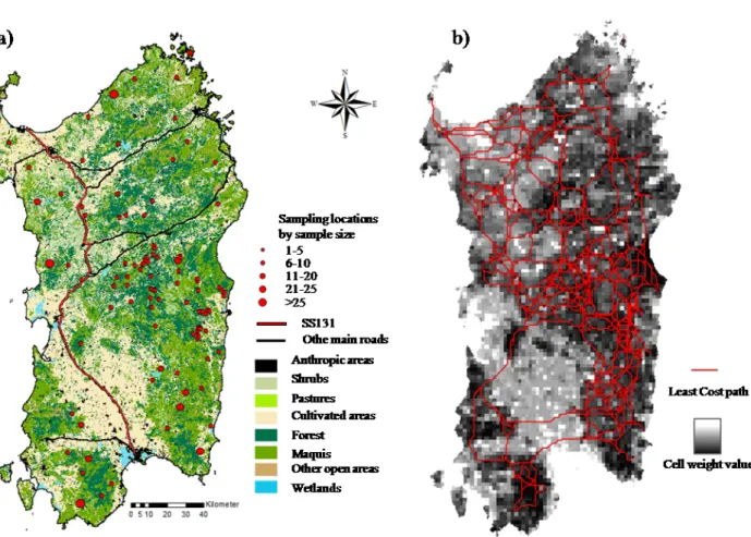 Figure  1 . Maps of Sardinia showing information used in landscape genetic analysis. (a) Map  showing  land  use  categories,  sample  locations  and  main  roads
