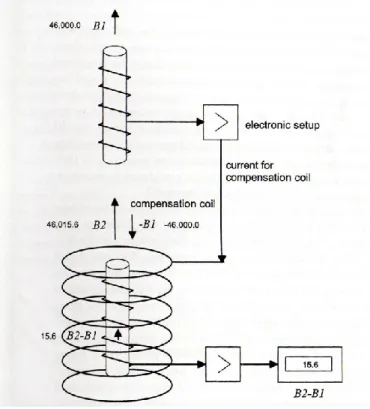 Fig.  2.  Principio  del  gradiometro  fluxgate:  l’output  del  sensore  superiore  alimenta  in  opposizione  al  sensore  inferiore  per  fornire  l’output  B2-B1