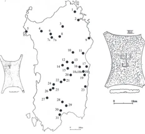 Fig. 1. Carta di distribuzione degli oxhide in Sardegna: 1. Arzachena, Albucciu; 2. Olbia, Serra Elveghes; 3