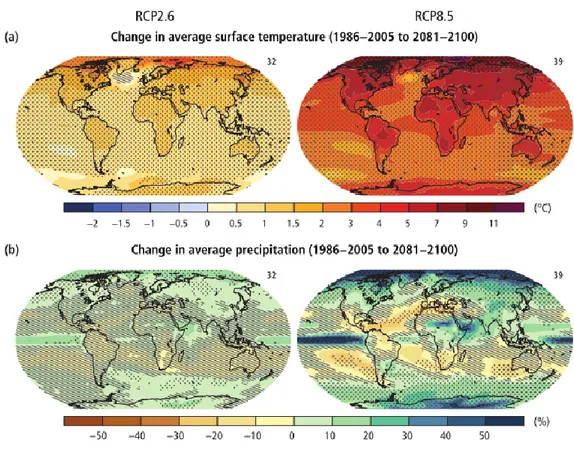 Figure 1.2:  Change in average surface temperature (a) and in average precipitation (b) based on  multi-model  mean  projections  for  2081–2100  relative  to  1986–2005  under  the  RCP2.6  (left)  and  RCP8.5 (right) scenarios (from IPCC 2014)