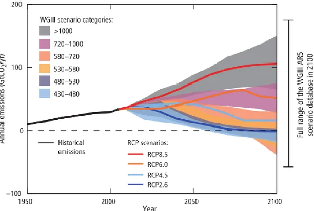 Figure  2.7:  Emissions  of  carbon  dioxide  (CO 2 )for  the  different  Representative  Concentration  Pathways (RCP) and the associated categories from the Working Group III (WGIII, i.e