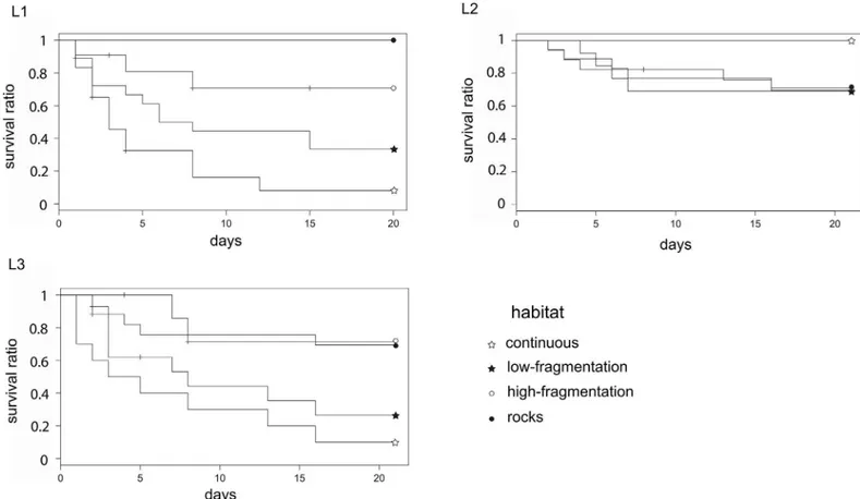 Fig 4. Survival curves among habitat classes within each landscape area. Significant differences were observed for urchin survival among habitat classes within each landscape area during 20 days