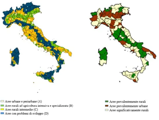 Figura 5 – Aree urbane e rurali secondo le metodologie del PSN e dell’OCSE (Fonte: MiPAAF (2014); Rete Rurale  Nazionale 2014-2020)