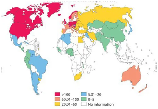 Figura 4. Prevalenza della sclerosi multipla nel mondo (per 100,000)