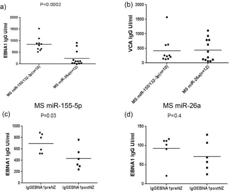 Fig 5. Antibody titers measured by Kit ELISA, EBNA1 and VCA specific IgG antibodies detected in twelve MS patients with high levels of miR-155 and miR-132, and ten MS patients with increased miR-26a expression (a; b)
