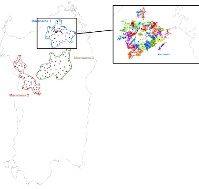 Figura 1 - Localizzazione dei siti di monitoraggio e delle macroaree boschive su cui è s to applicato il modello di funzione d'incidenza
