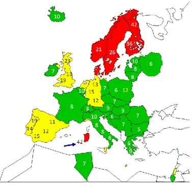 Figura 1. Incidenza del DT1 in Europa e in alcune nazioni del mediterraneo (età 0-14 anni)*
