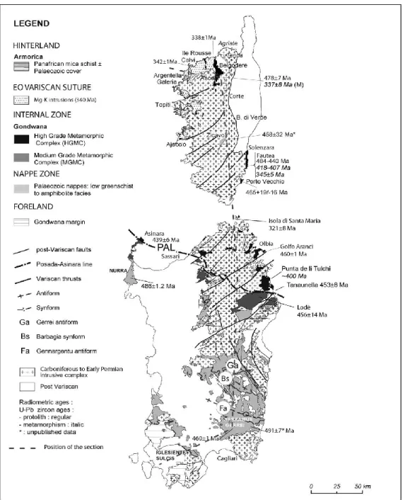 Figure 2) Location of the main Variscan zones in Sardinia and Corsica (Rossi et al., 2009)